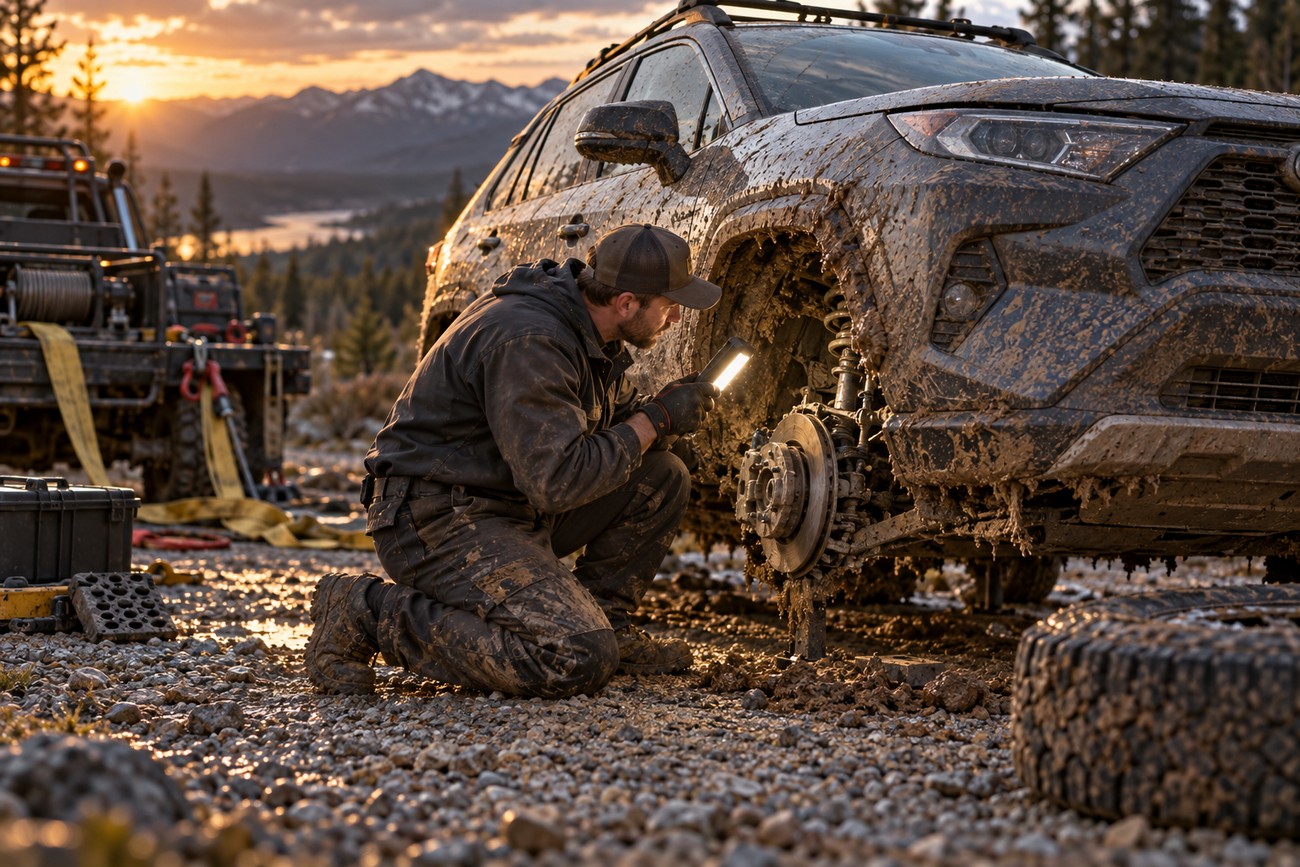 A man in a cap kneels beside a muddy Toyota RAV4 inspecting the suspension with a work light