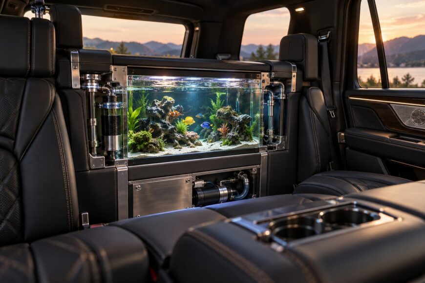 A custom illuminated fish tank built directly into the leather interior partition of a Cadillac Escalade with visible filtration pipes and swimming fish
