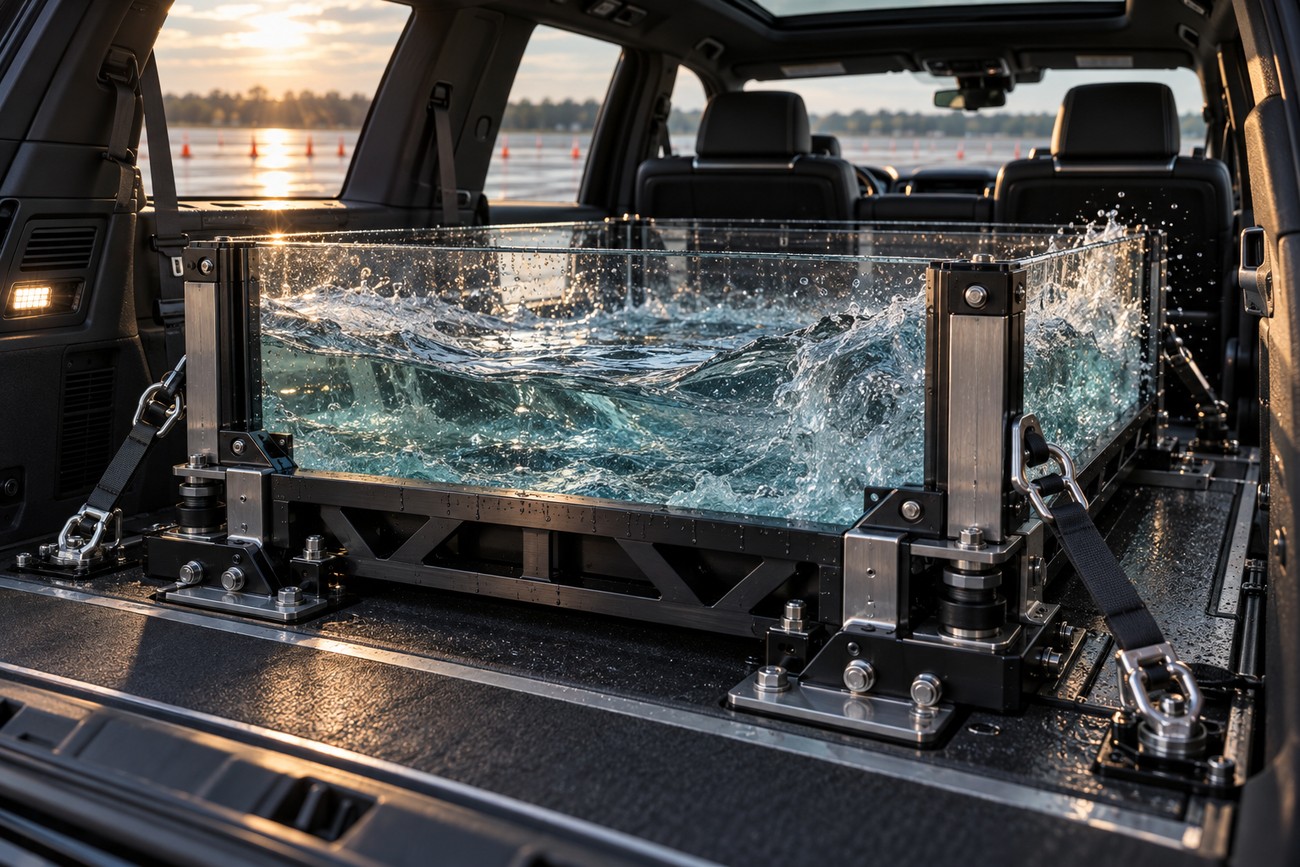 A custom glass fish tank with splashing water securely mounted in the trunk of a Cadillac Escalade
