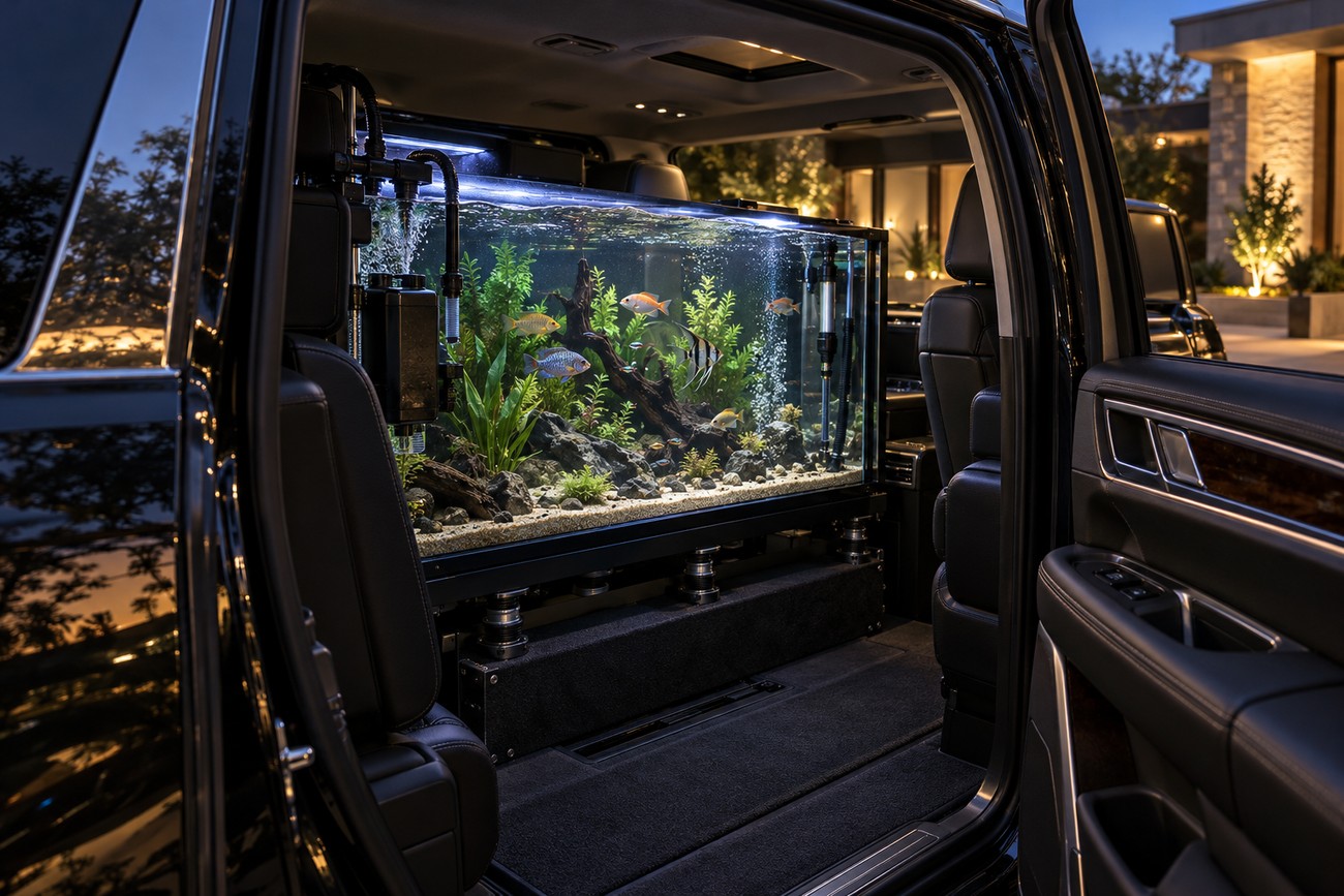 A large custom built-in fish tank with aquatic plants and fish installed inside the luxury interior of a Cadillac Escalade SUV