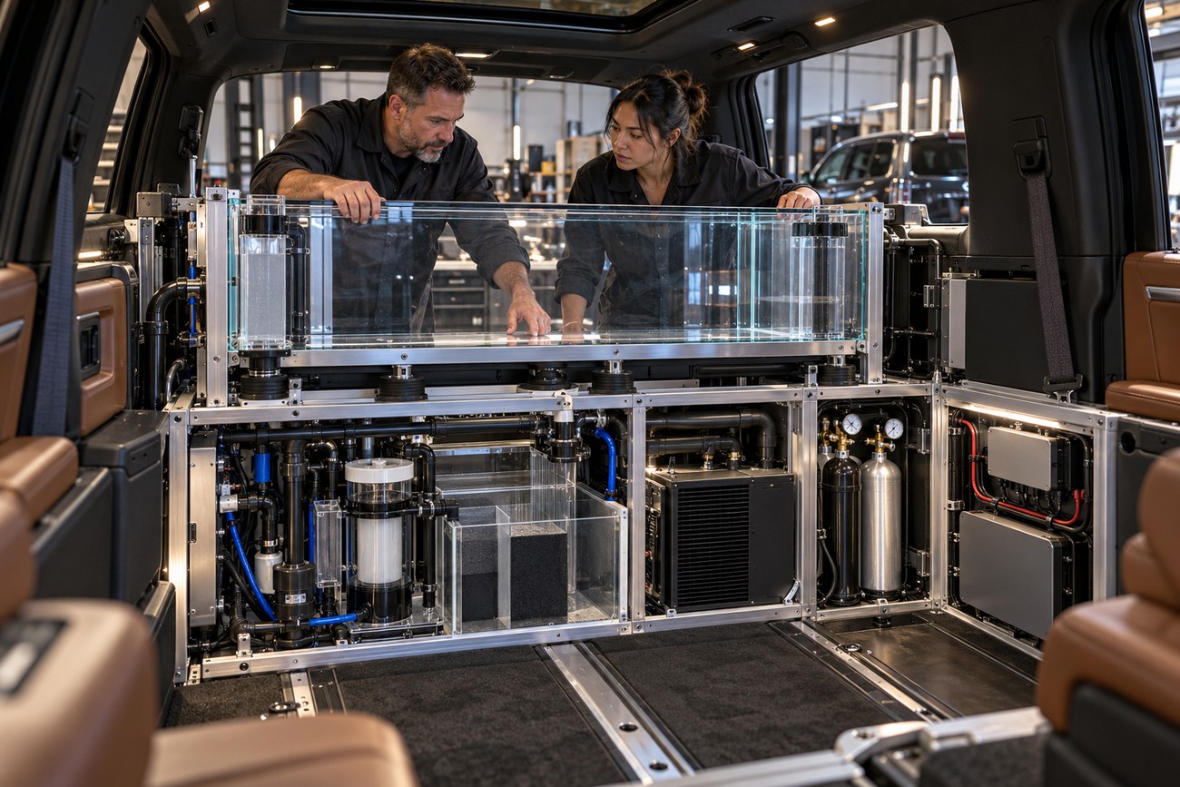 Two technicians inspecting a custom built-in fish tank and complex plumbing setup inside a Cadillac Escalade interior