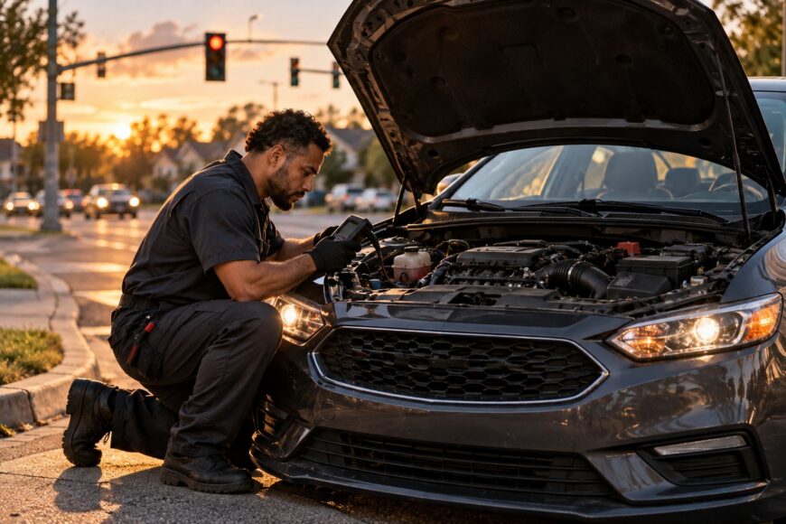 A mechanic in uniform inspecting a car engine with an open hood by the roadside at sunset