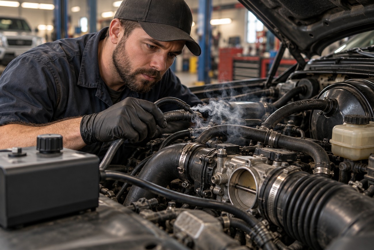 A mechanic wearing gloves examines a smoking car engine to troubleshoot idling problems in a repair shop