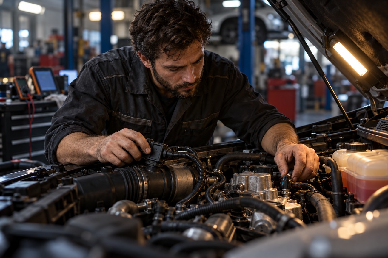 Professional mechanic inspecting engine components under the hood of a car in a service garage