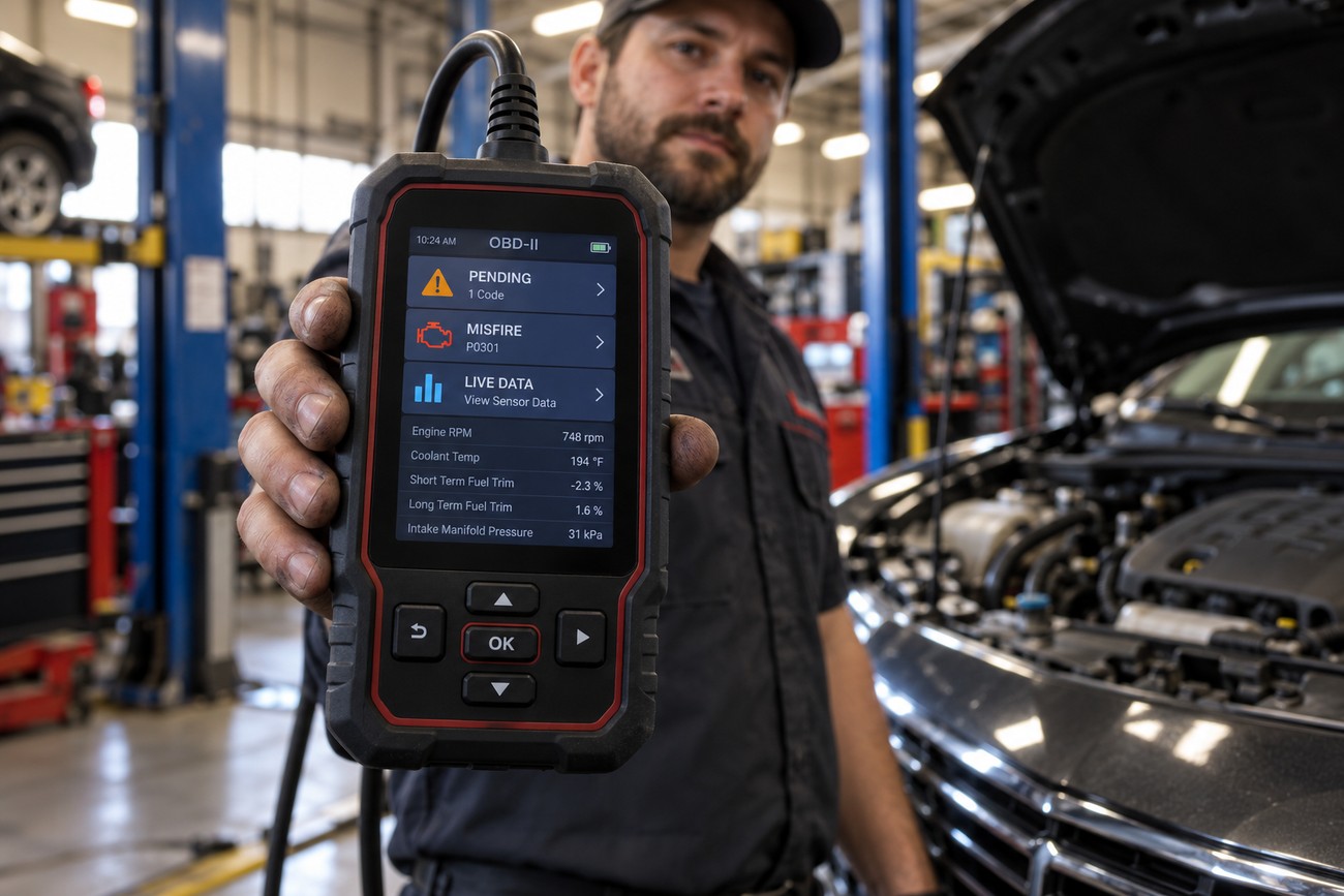 Mechanic holding an OBD2 diagnostic scanner showing engine codes and live data in a car repair shop