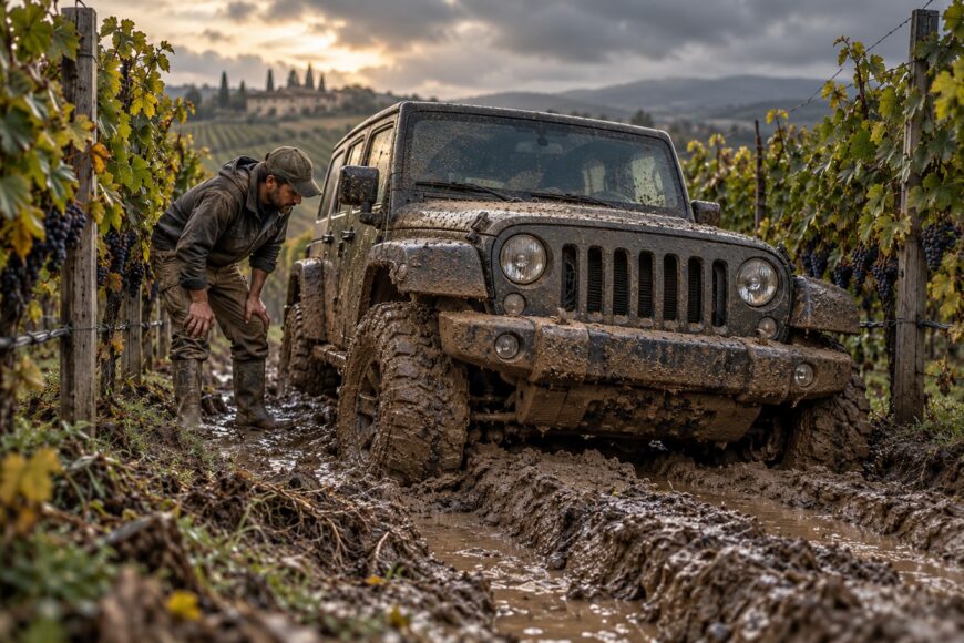 A muddy off-road Jeep is stuck deeply in wet soil between vineyard rows while a man wearing a cap looks down at the mud