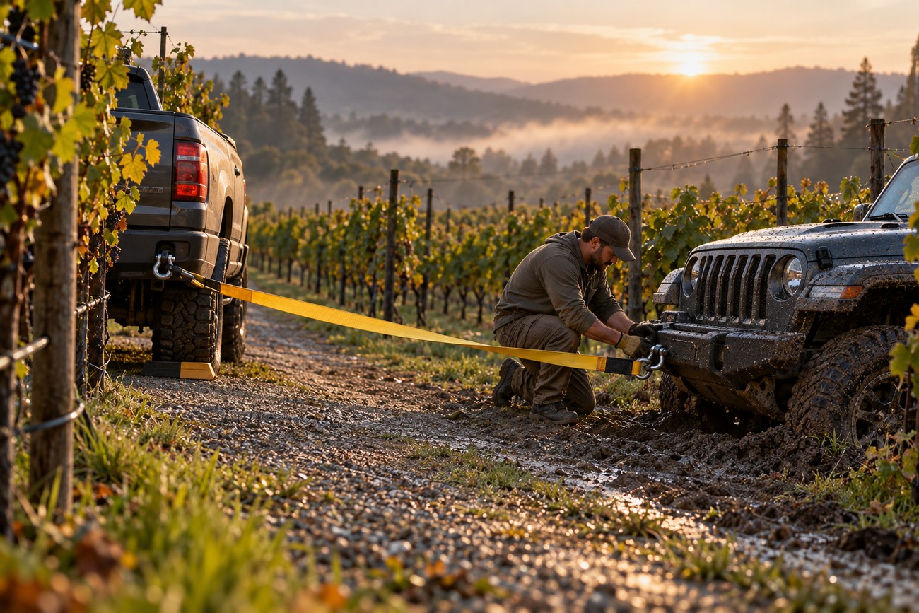A man connecting a yellow tow strap to the front bumper of a stuck muddy Jeep between vineyard rows at sunrise