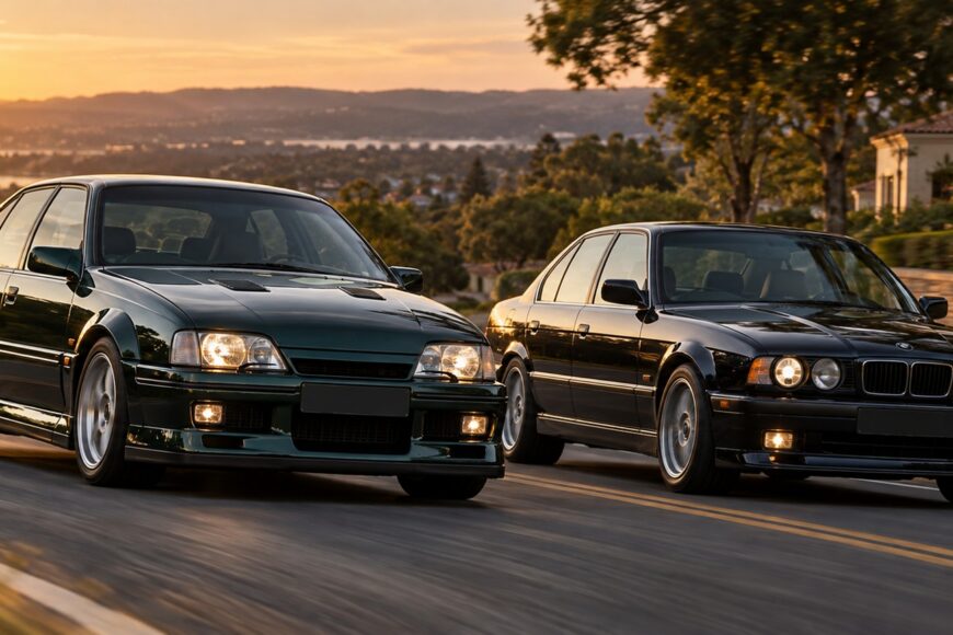 A dark green Lotus Carlton and a black BMW M5 E34 driving on a scenic road at sunset
