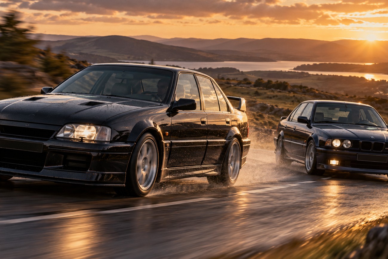 A black Lotus Carlton and a BMW M5 E34 driving fast on a wet winding road during sunset with hills and water in the background