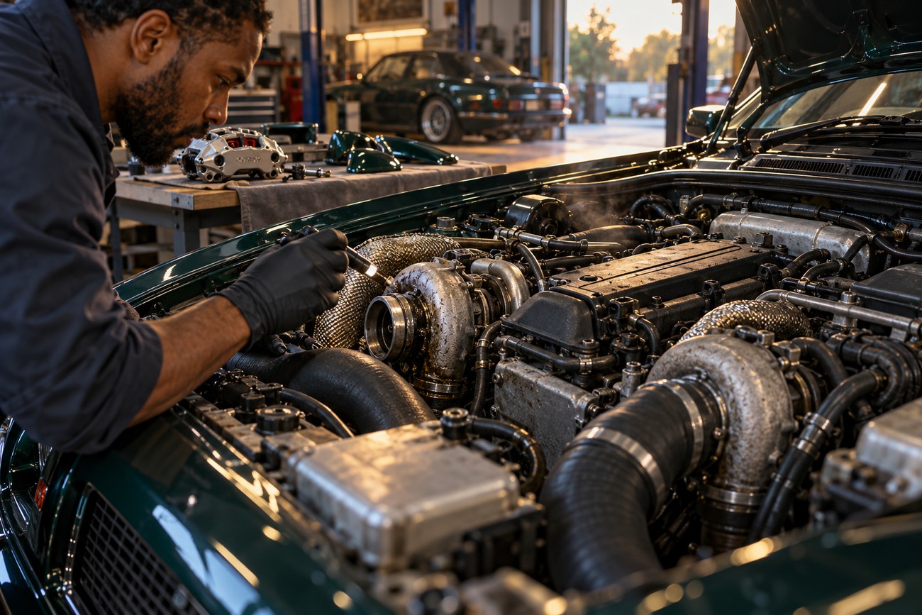 A mechanic in a workshop uses a flashlight to inspect the twin-turbocharged engine of a classic green Lotus Carlton sedan