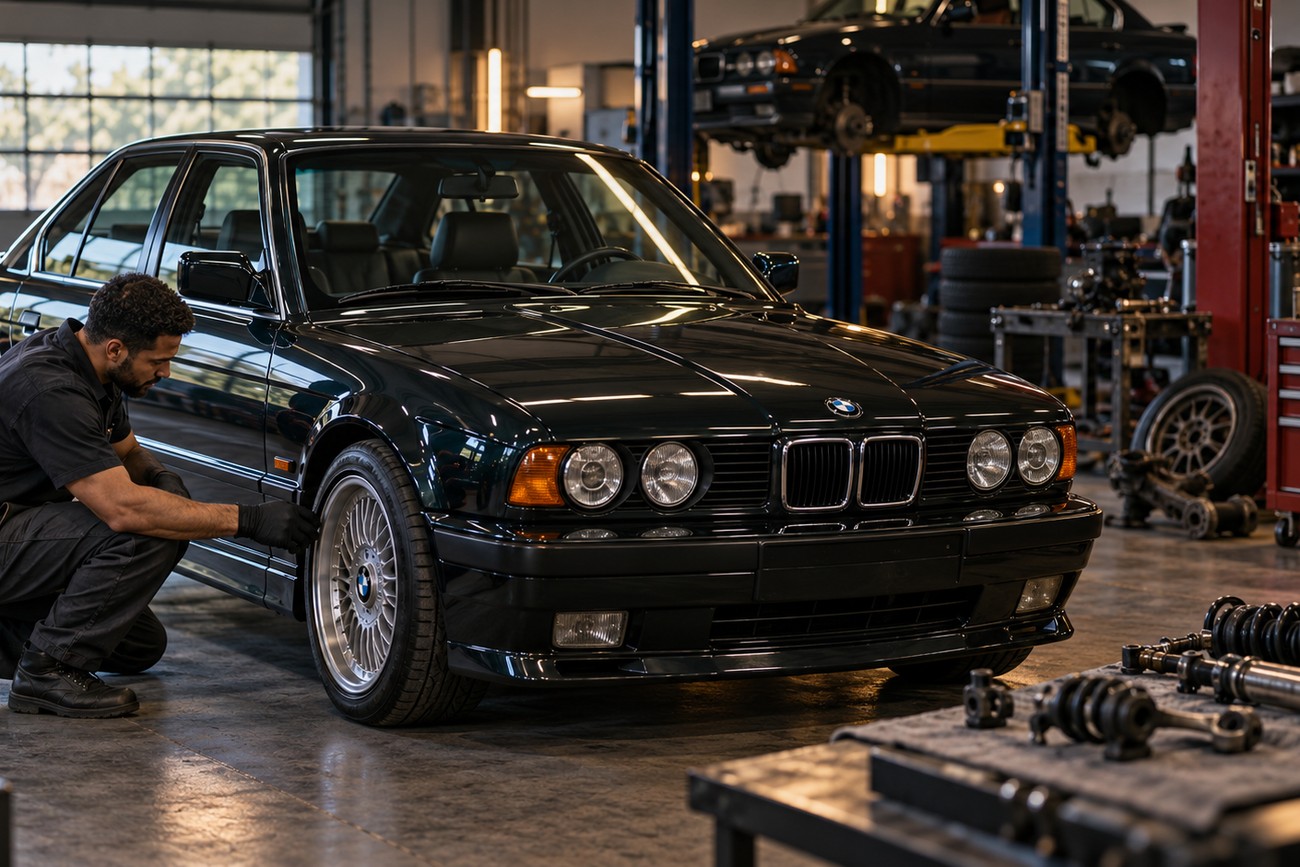 Mechanic in black overalls inspecting the front wheel of a dark BMW M5 E34 inside a professional garage