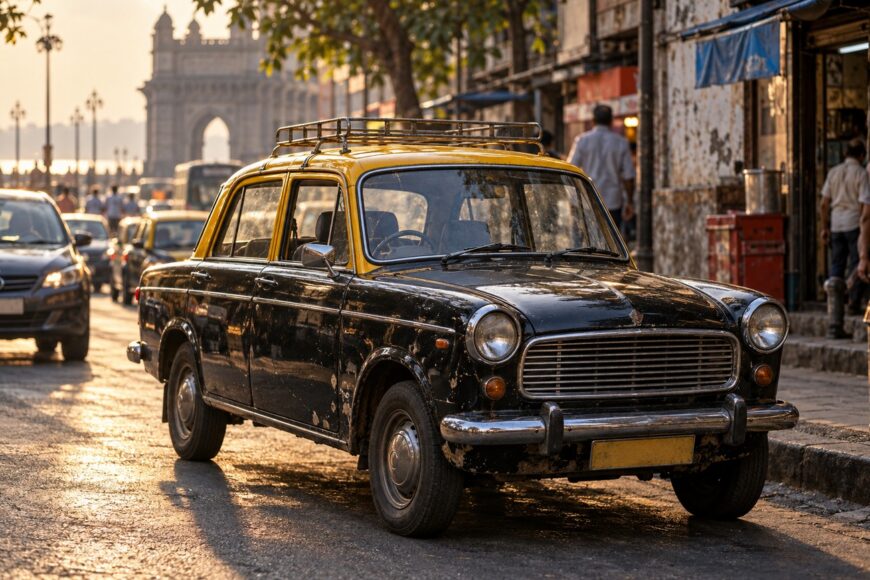 A black and yellow Premier Padmini taxi parked on a busy street in Mumbai during sunset