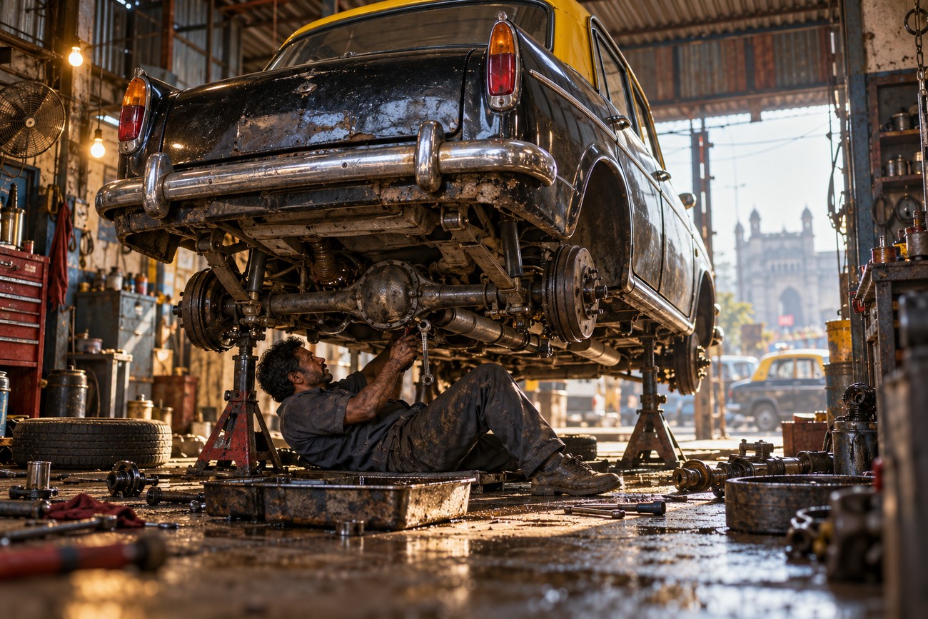A mechanic lies on the floor repairing the undercarriage of a classic Premier Padmini taxi lifted on jacks inside a rustic Mumbai garage