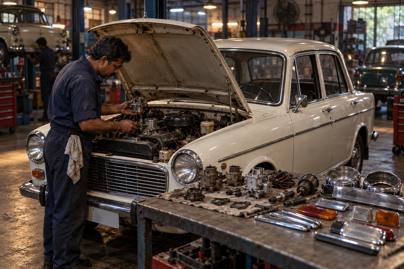 An Indian mechanic in blue overalls repairs the engine of a classic white Premier Padmini car inside a busy garage workshop