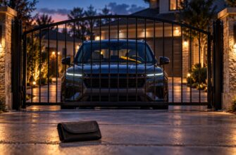A modern car parked behind a closed metal security gate at night with a Faraday pouch on the driveway