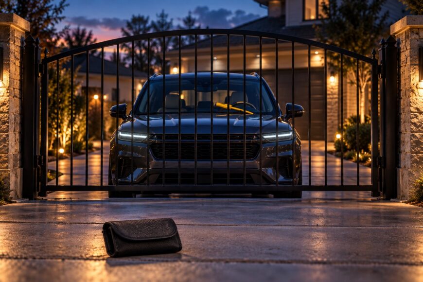 A modern car parked behind a closed metal security gate at night with a Faraday pouch on the driveway