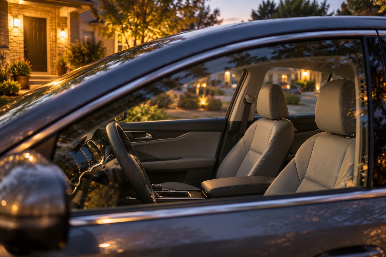 Side window view showing the interior and light-colored leather seats of a parked modern car at dusk