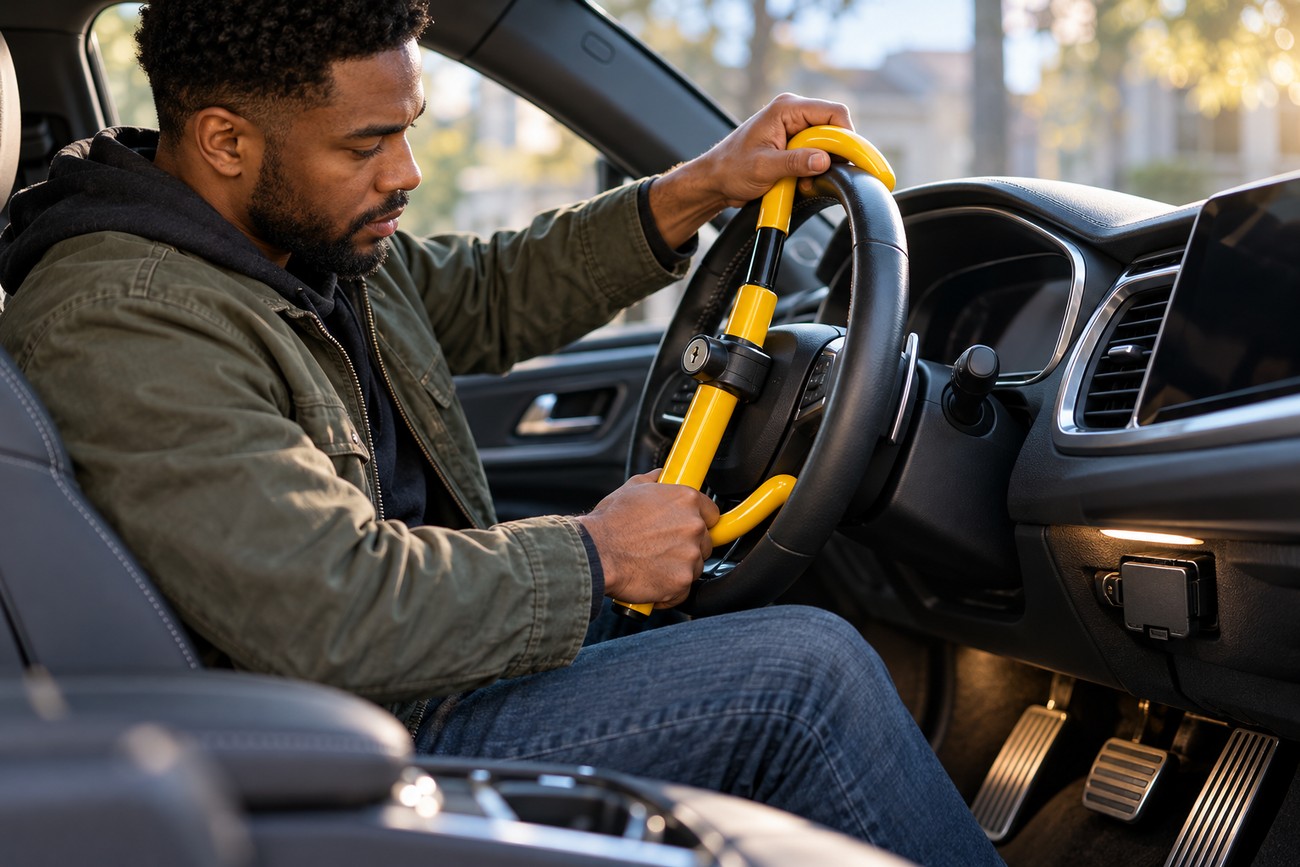A man in the driver seat of a car installs a bright yellow steering wheel lock