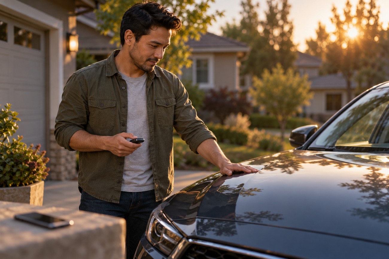 Man standing in a driveway holding a remote key fob and locking his car