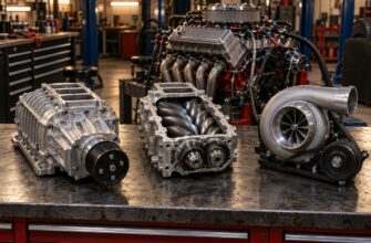 Three metallic supercharger units including roots, twin-screw, and centrifugal displayed on a dark workbench inside a mechanic workshop