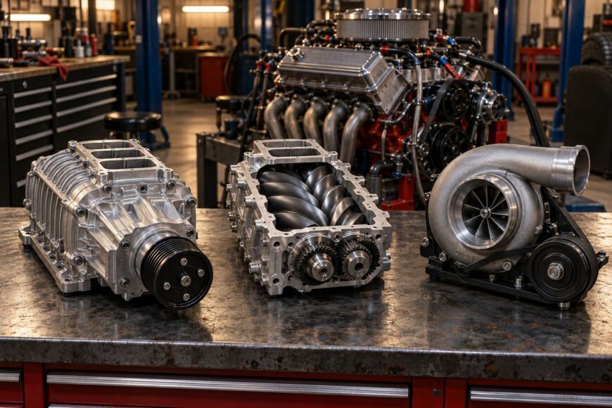 Three metallic supercharger units including roots, twin-screw, and centrifugal displayed on a dark workbench inside a mechanic workshop
