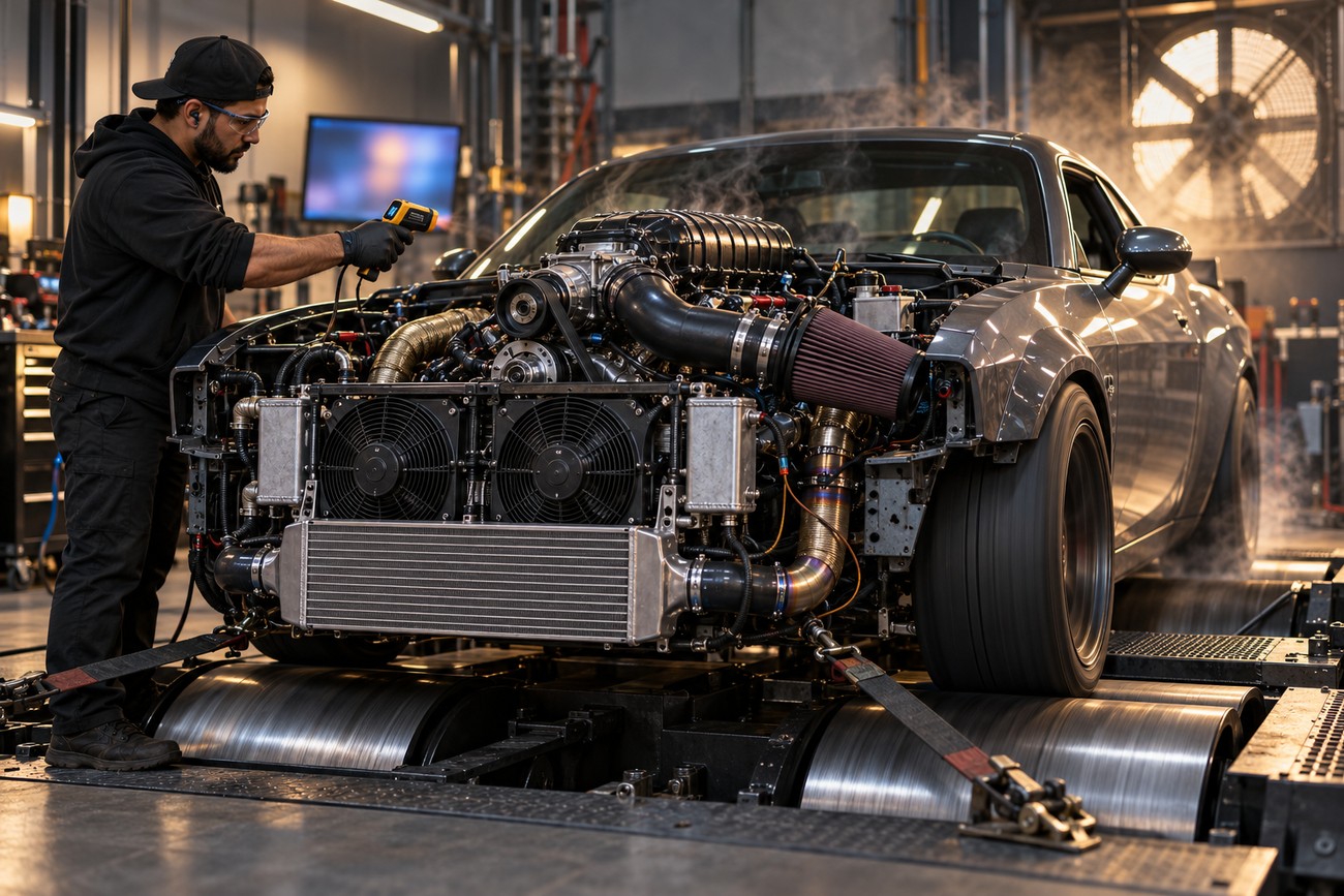 A mechanic checks engine temperatures with a thermometer while a supercharged car is running on a dynamometer