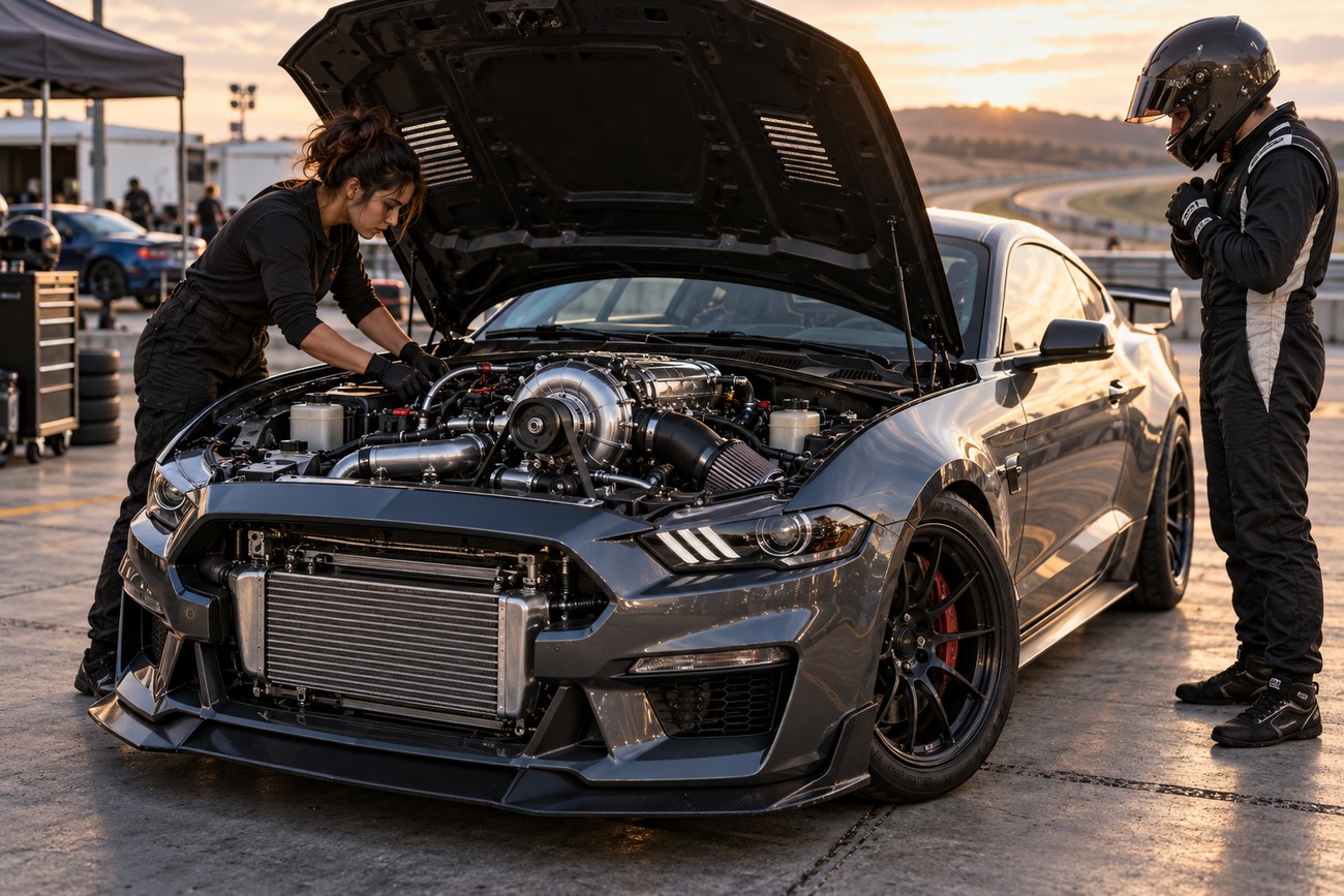 A female mechanic working on a centrifugal supercharger kit under the open hood of a grey sports car while a driver in a helmet stands nearby