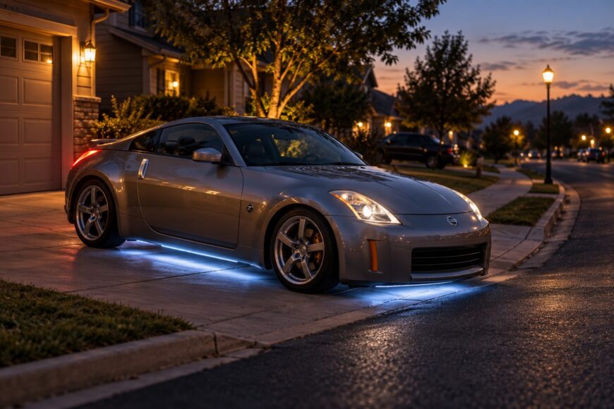A silver Nissan 350Z parked in a suburban driveway at dusk with glowing blue underbody lights
