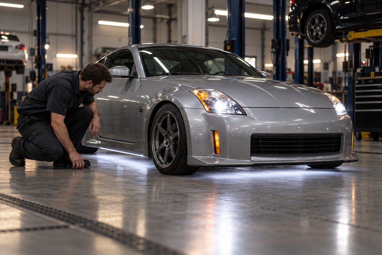 A mechanic kneels on the floor to inspect bright underglow neon lights installed beneath a silver Nissan 350Z in a garage