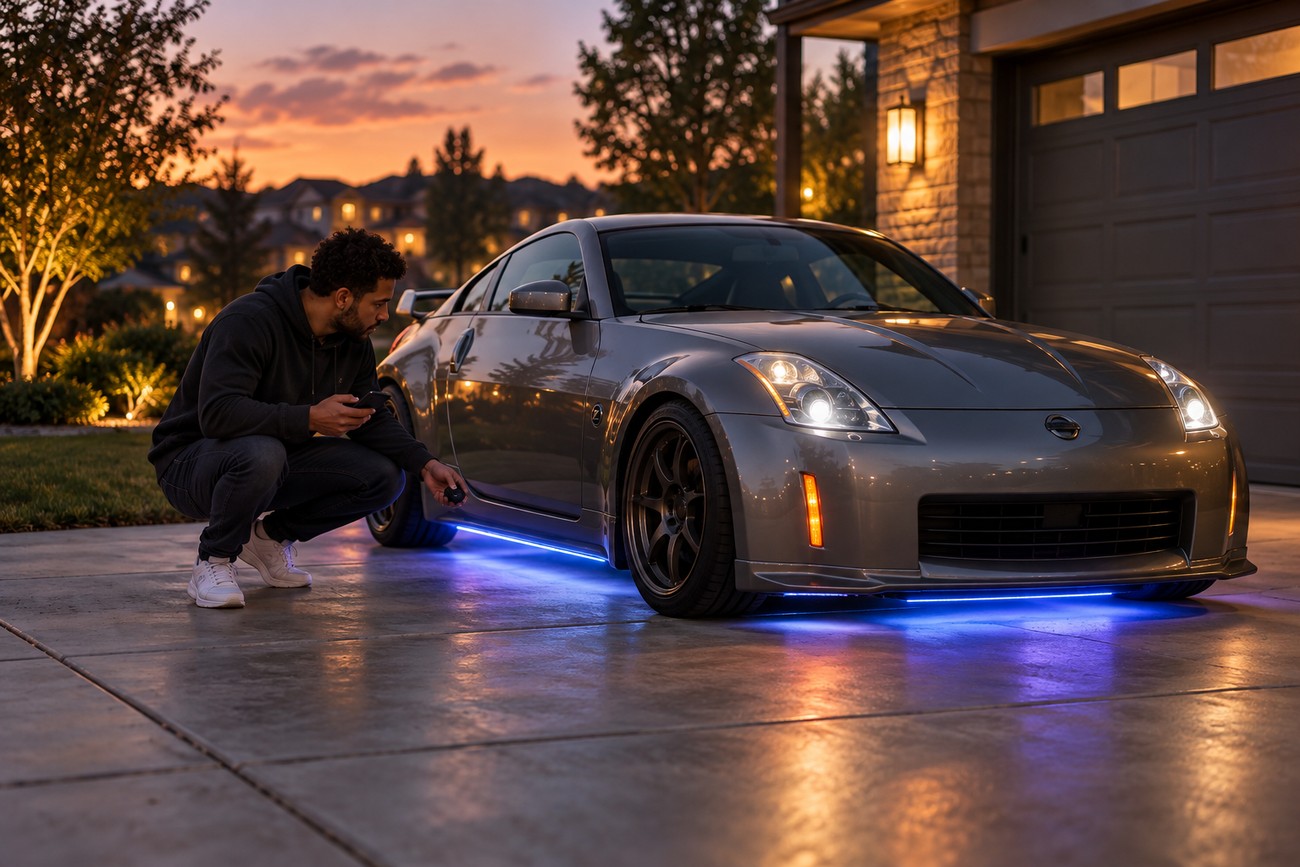 A man crouching next to a grey Nissan 350Z in a driveway while activating blue underglow neon lights with a remote control