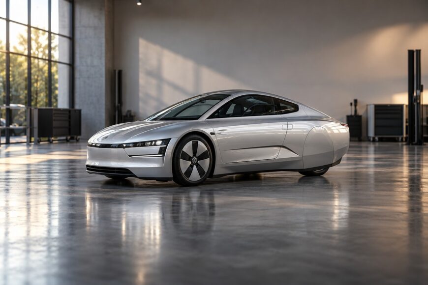 A silver Volkswagen XL1 parked on a glossy concrete floor inside a bright minimalist garage