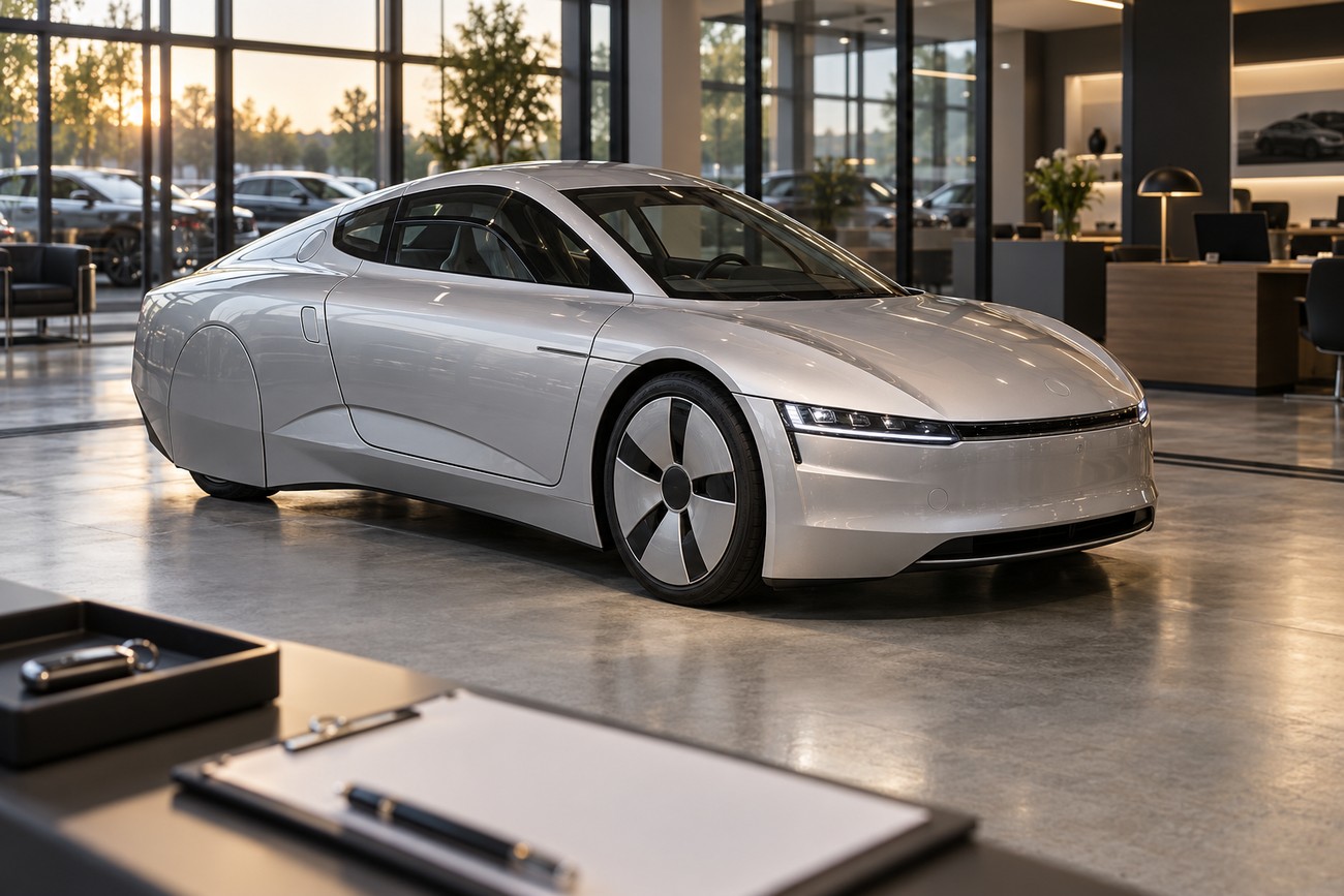 Silver Volkswagen XL1 parked inside a modern car dealership showroom with large windows and a reception desk in the background