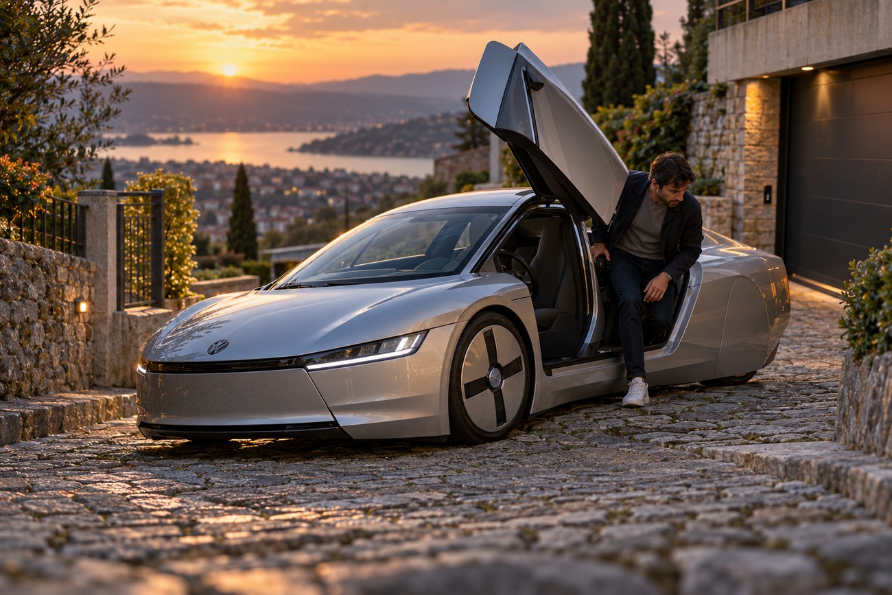 A man stepping out of a silver Volkswagen XL1 with gull-wing doors open on a stone driveway at sunset