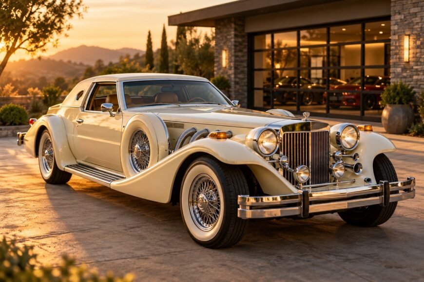 A vintage cream Zimmer Golden Spirit neo-classic car parked on a paved driveway in front of a modern house at sunset