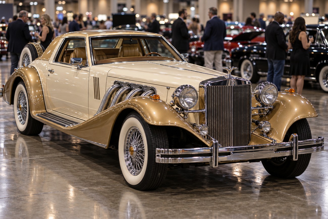 A cream and metallic gold Zimmer Golden Spirit neo-classic car parked on a polished convention center floor with visitors in the background