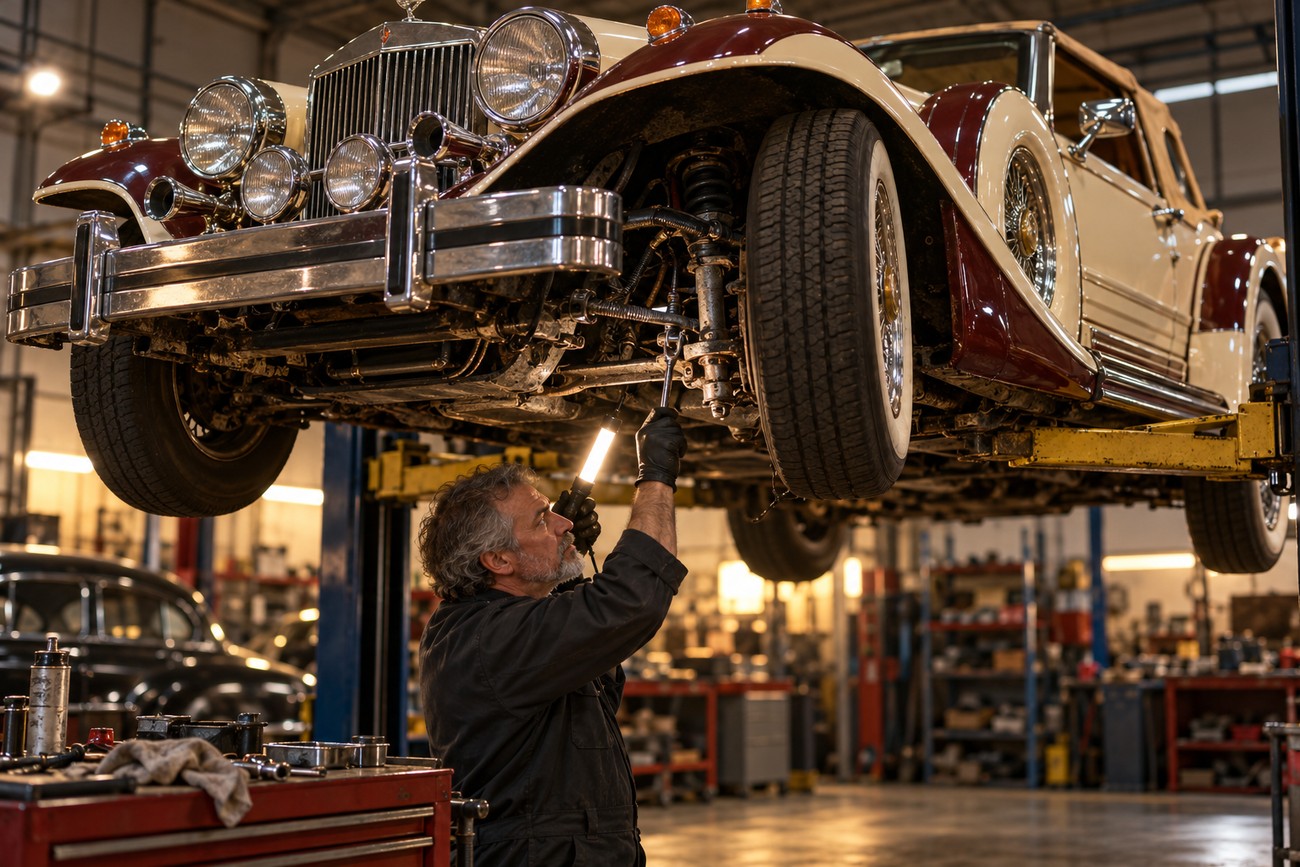 Mechanic with a flashlight inspecting the suspension of a vintage Zimmer Golden Spirit neo-classic car on a lift