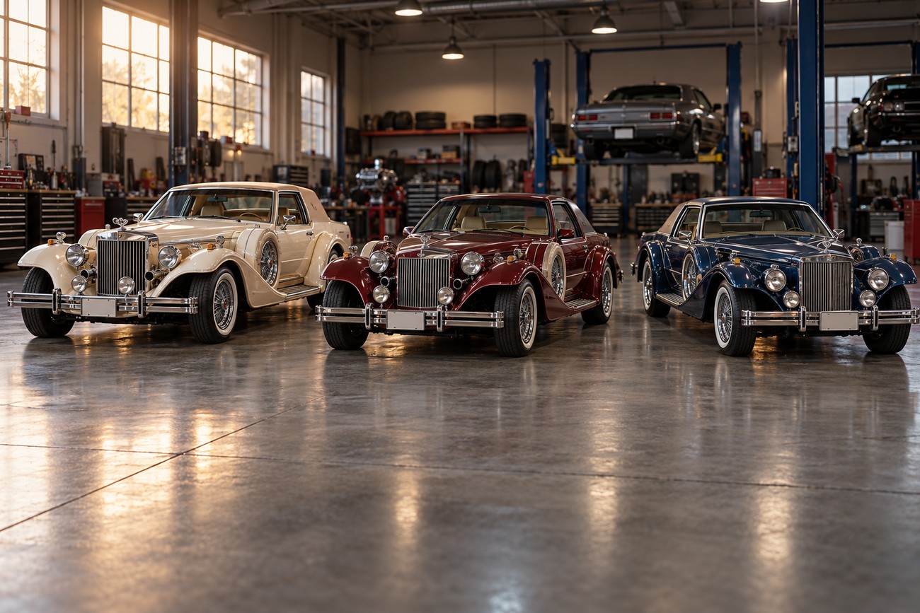 Three vintage Zimmer Golden Spirit neo-classic cars parked in a spacious garage with another car on a lift in the background