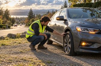 A man in a safety vest crouches by his car inspecting a flat tire on the roadside with hazard lights blinking