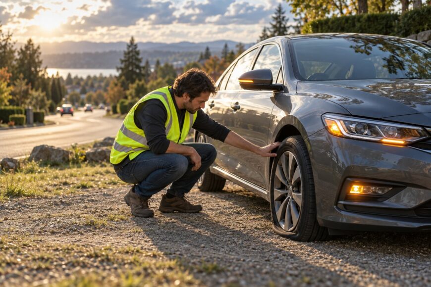 A man in a safety vest crouches by his car inspecting a flat tire on the roadside with hazard lights blinking