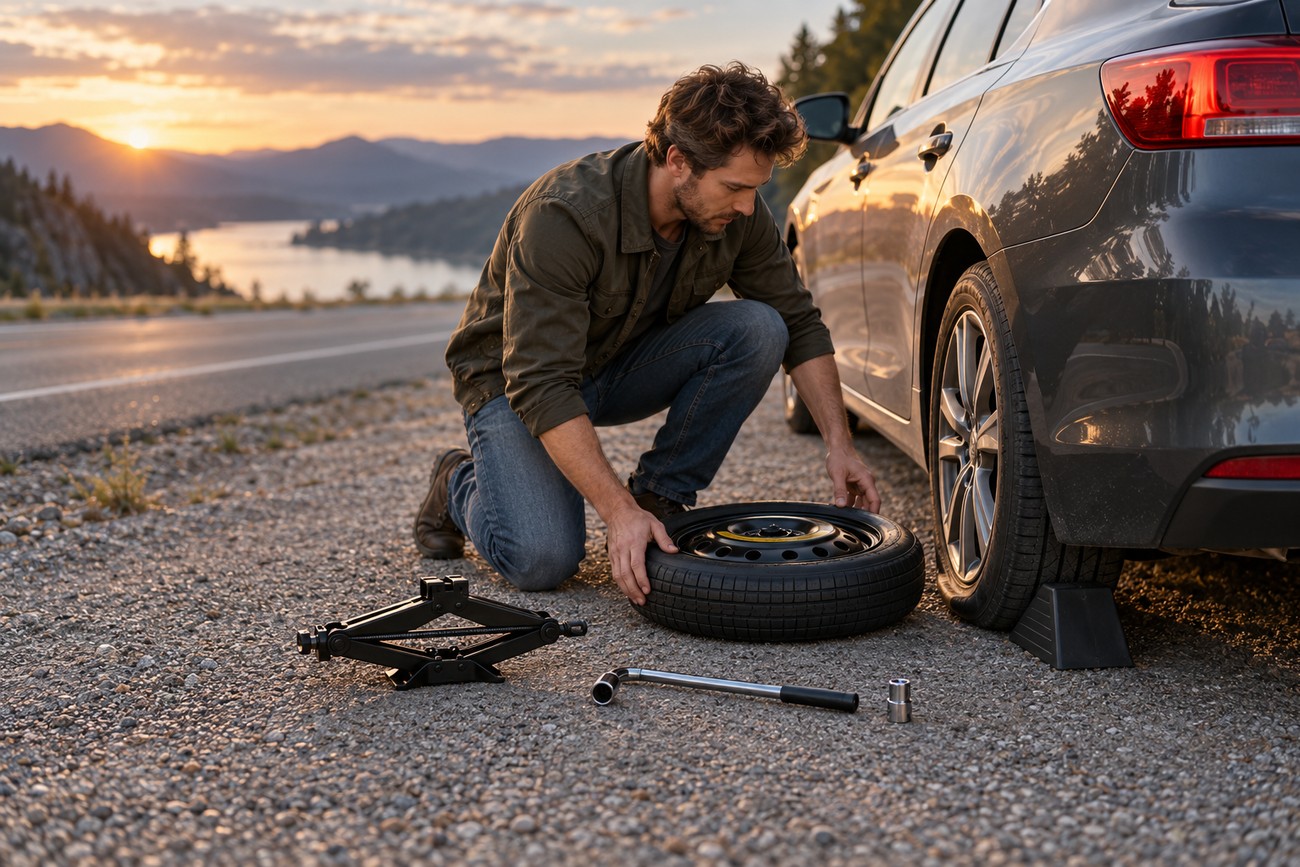 A man kneeling on the roadside next to his car preparing to change a flat tire with tools laid out on the ground