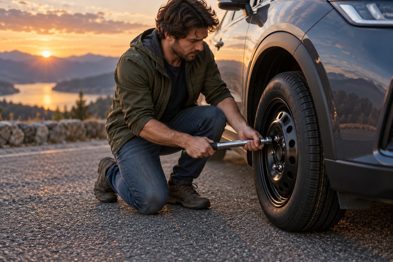A man in a jacket and jeans kneeling on the asphalt road and using a wrench to change a flat tire of his car during sunset