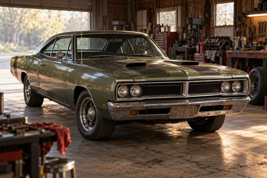 A classic green Dodge Super Bee parked inside a rustic garage with tools and equipment in the background