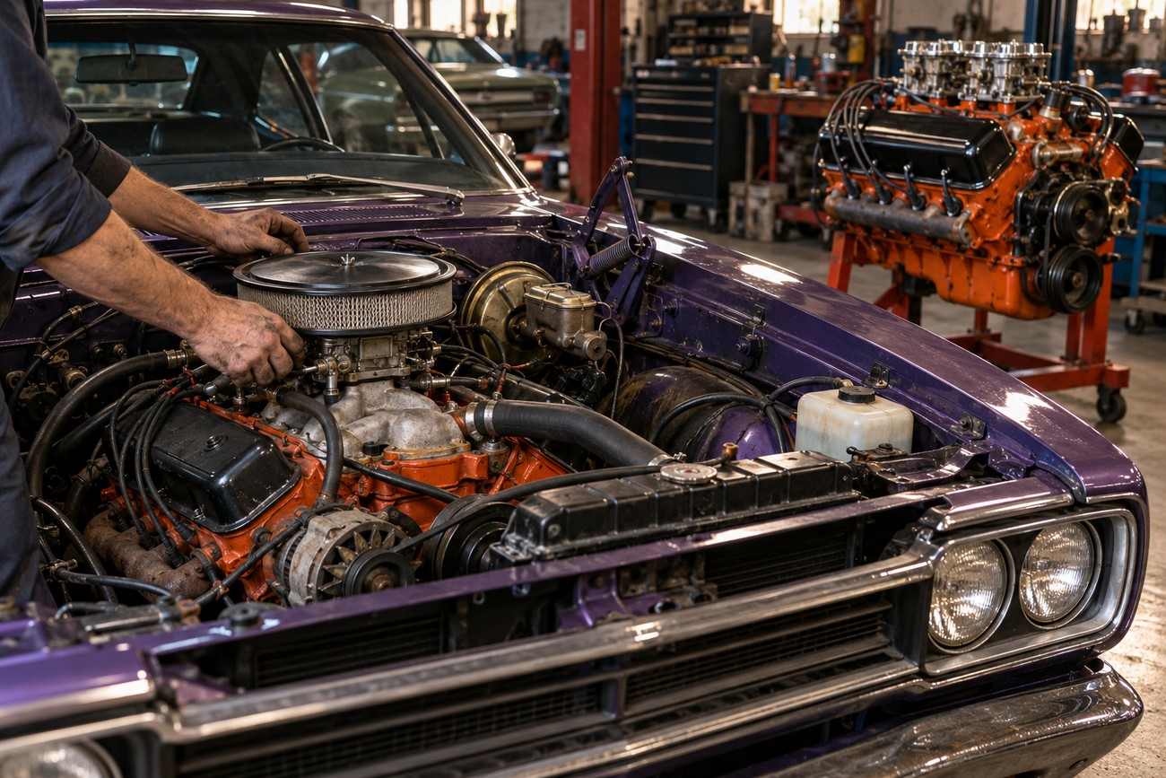 A mechanic working on the V8 engine under the hood of a classic purple Dodge Super Bee in a workshop