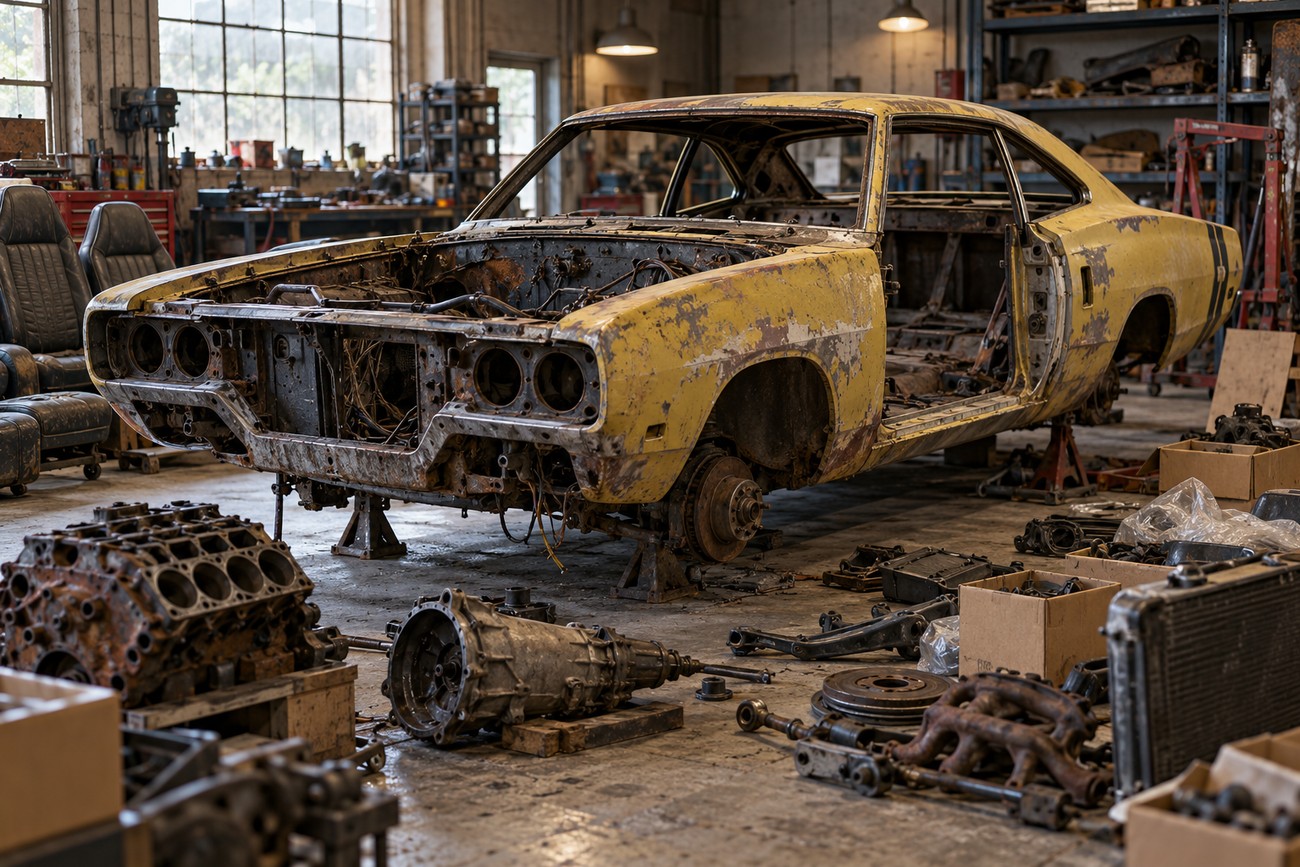 A rusty yellow Dodge Super Bee shell mounted on jack stands inside an auto repair shop with scattered engine components