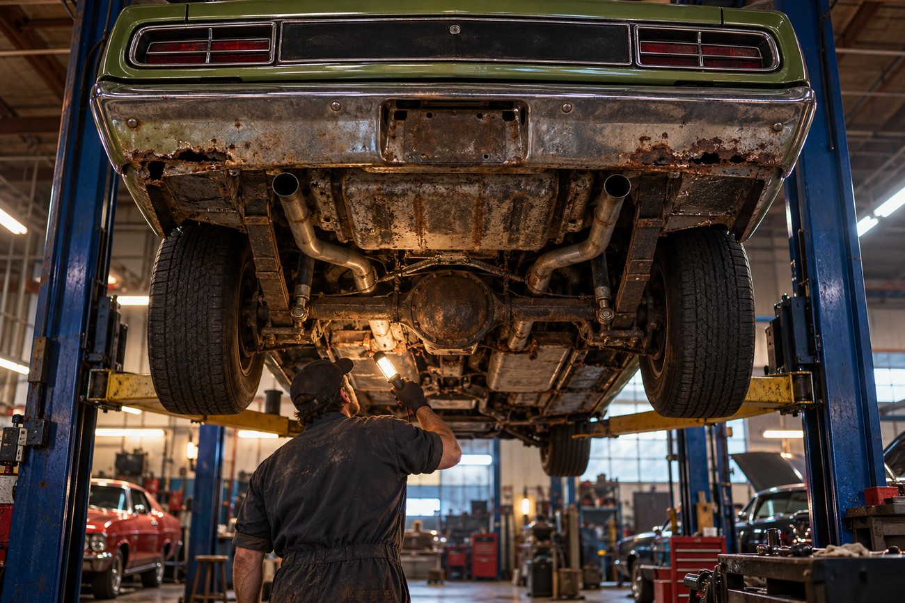 Mechanic holding a work light inspecting the rusty undercarriage and rear axle of a classic Dodge Super Bee lifted on a hoist