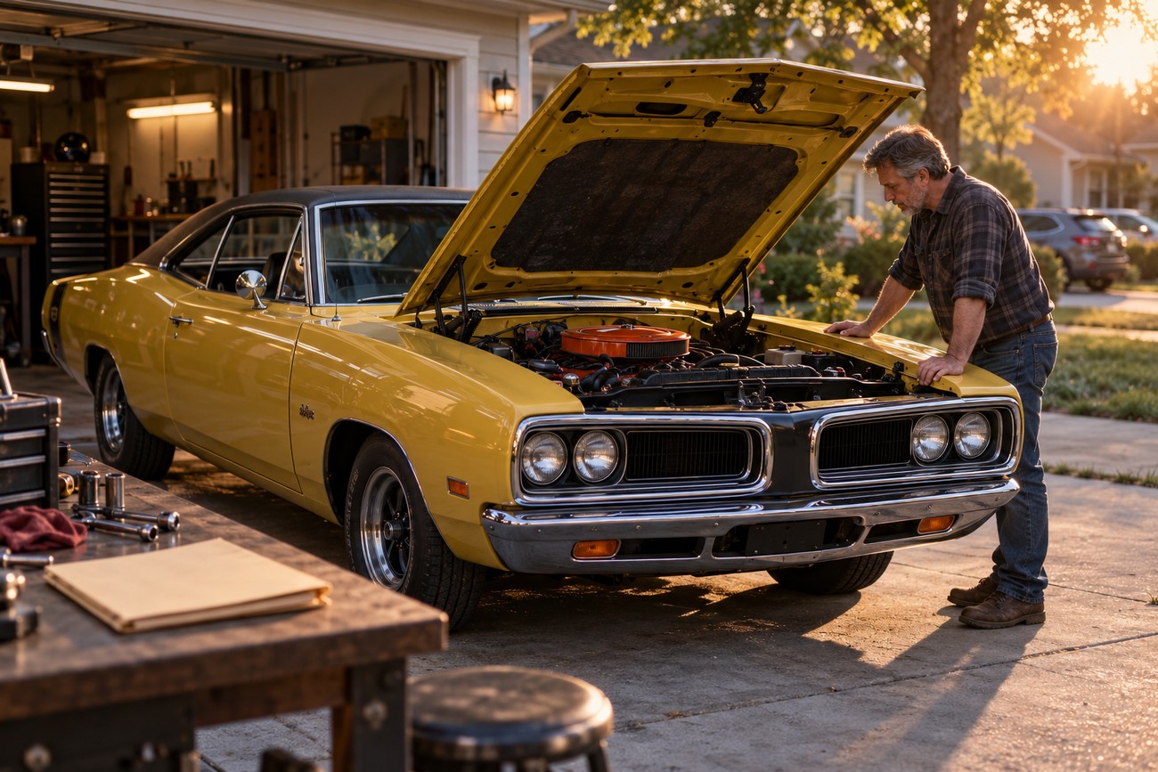 An adult man leaning over the open hood of a classic yellow Dodge Super Bee parked in a driveway at sunset