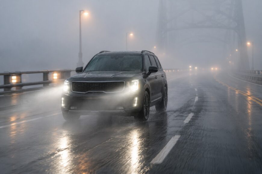 A dark Kia Telluride driving across a wet bridge through a dense fog bank with illuminated headlights