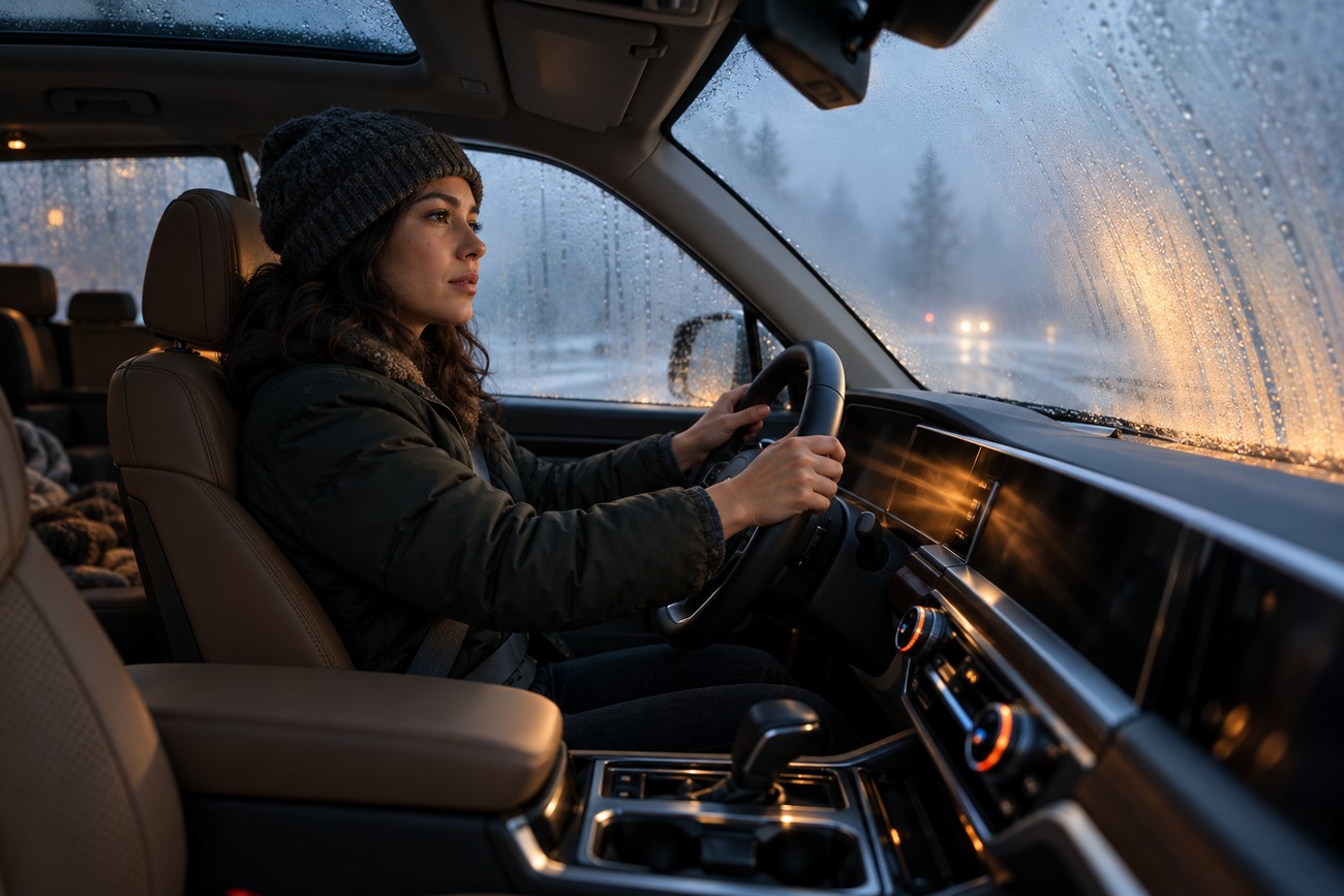 A woman driving a Kia Telluride interior through a dense fog bank with wet windows and glowing lights outside