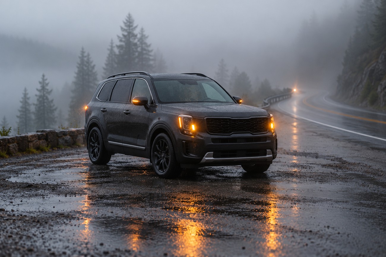 A dark gray Kia Telluride parked on a wet mountain overlook road engulfed in a dense fog bank