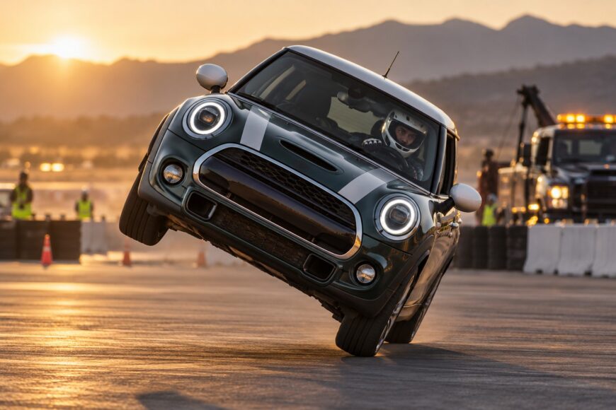 A professional stunt driver expertly balancing and driving a Mini Cooper on two wheels at sunset